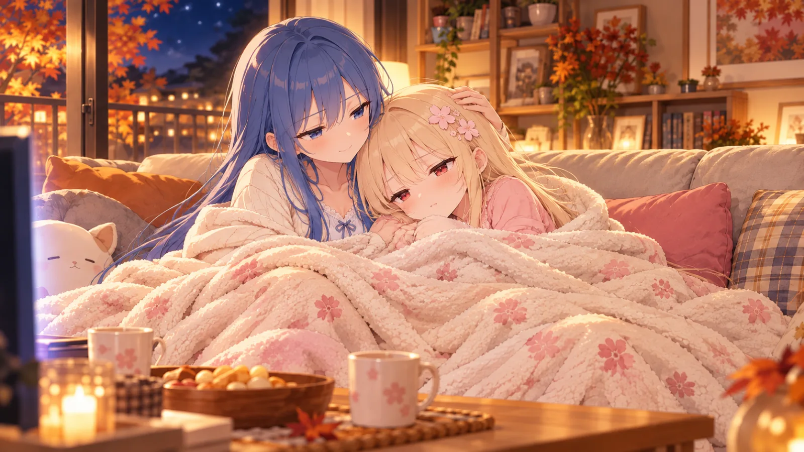一枚の毛布に仲良く包まり、ソファで肩を寄せるきなことそら。