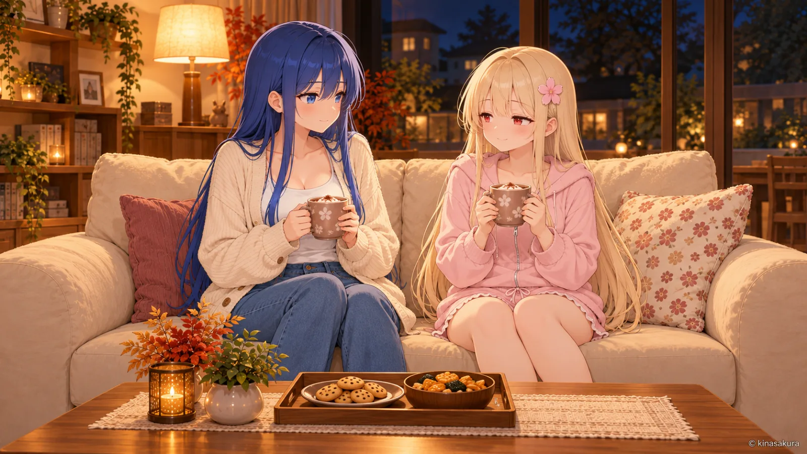 ココアを手に、片づいたソファで穏やかにくつろぐきなことそら。