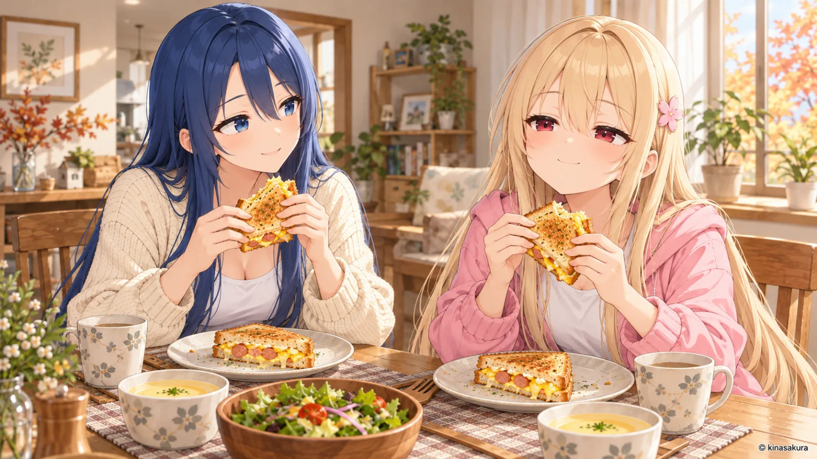 焼きたてのホットサンドを味わい、休日のダイニングで満足そうに過ごすきなことそら。